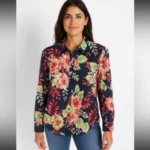 Talbots Women’s Size LP Floral Multicolored Long Sleeve Button Down Shirt Cotton
